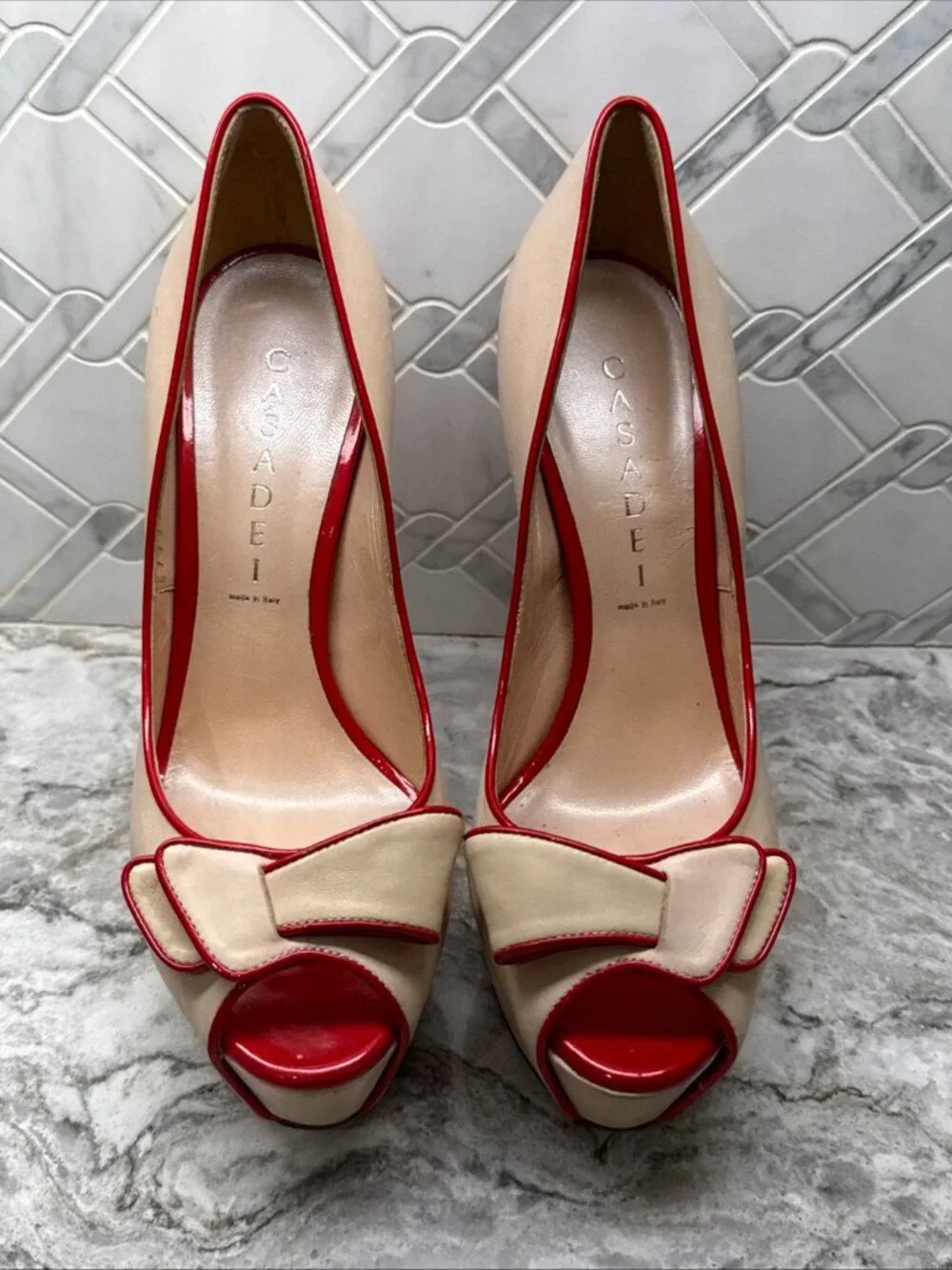 Casadei Ivory Red Trim Peep Toe Platform Heels Bow Pumps - Picture 6 of 13
